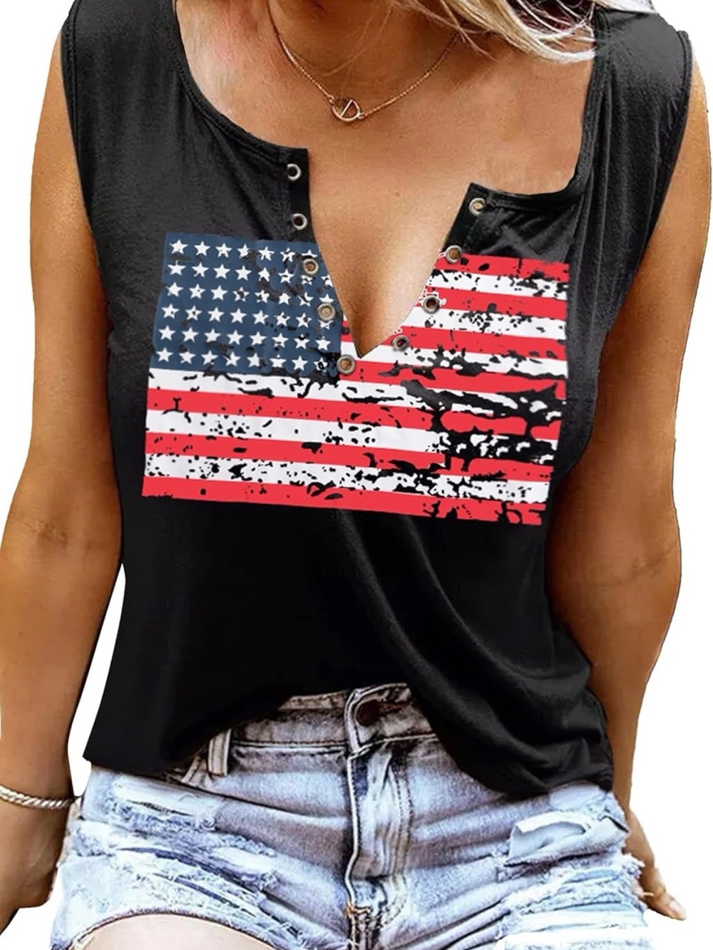 Amazon Black Sleeveless Henley Tank with Distressed American Flag size S